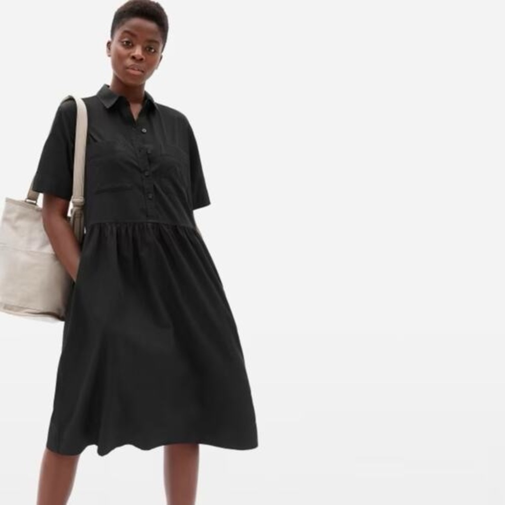 Everlane The Parklet Shirtdress Black 100% Cotton Midi Pockets Size 6 Relaxed